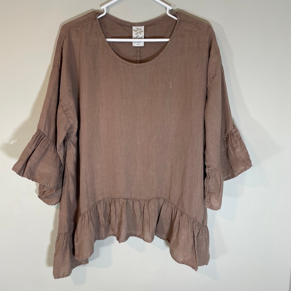 Match Point Linen Ruffle Tunic Top Mauve Brown Boho Bell Sleeve M Lagenlook FLAW